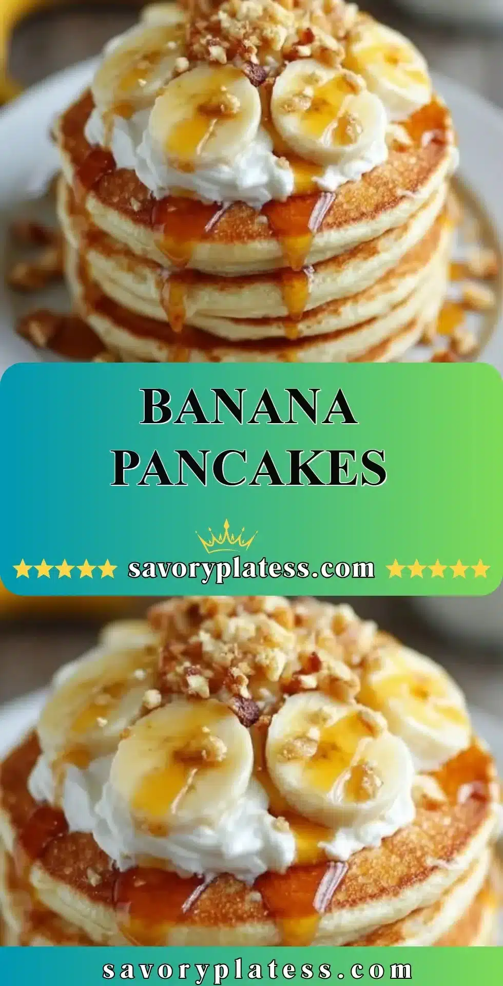 Fluffy banana pancakes topped with fresh bananas and syrup