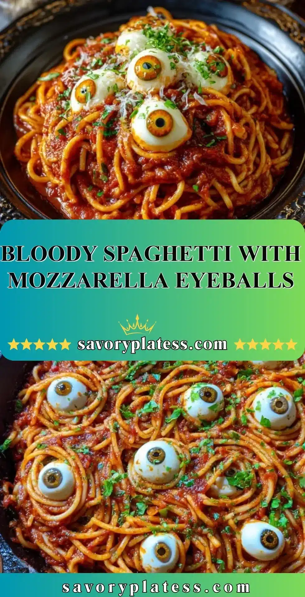 Bloody Spaghetti with Mozzarella Eyeballs 2 Plate of Bloody Spaghetti with Mozzarella Eyeballs for Halloween dinner