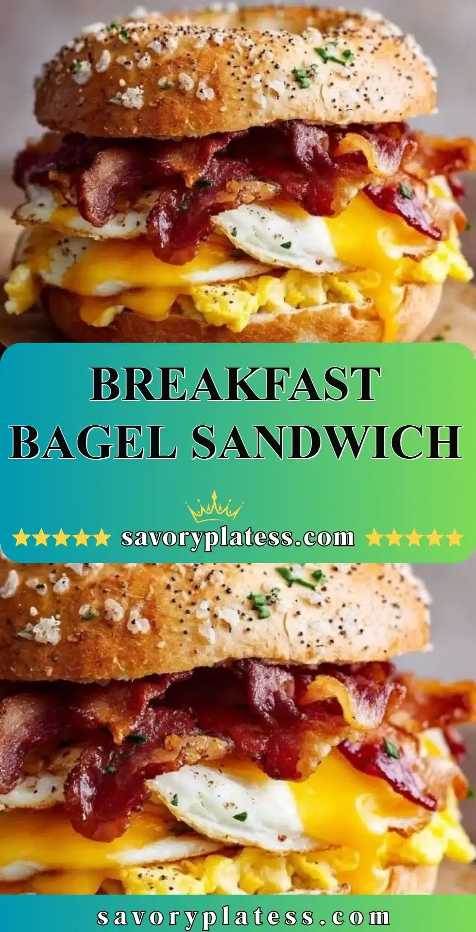 Delicious breakfast bagel sandwich with eggs, cheese, and bacon