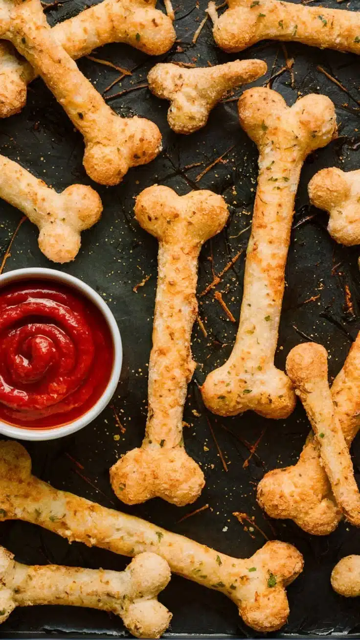 Cheesy Halloween Breadstick Bones arranged on a spooky-themed platter.