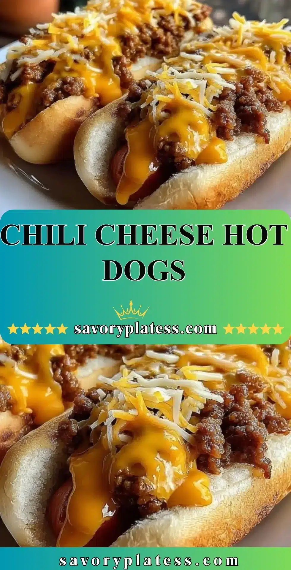 Delicious Chili Cheese Hot Dogs topped with melted cheese and rich chili