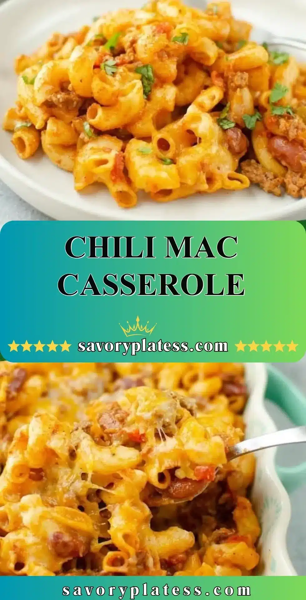Chili Mac Casserole 2 Delicious Chili Mac Casserole topped with cheese and seasoning in a baking dish