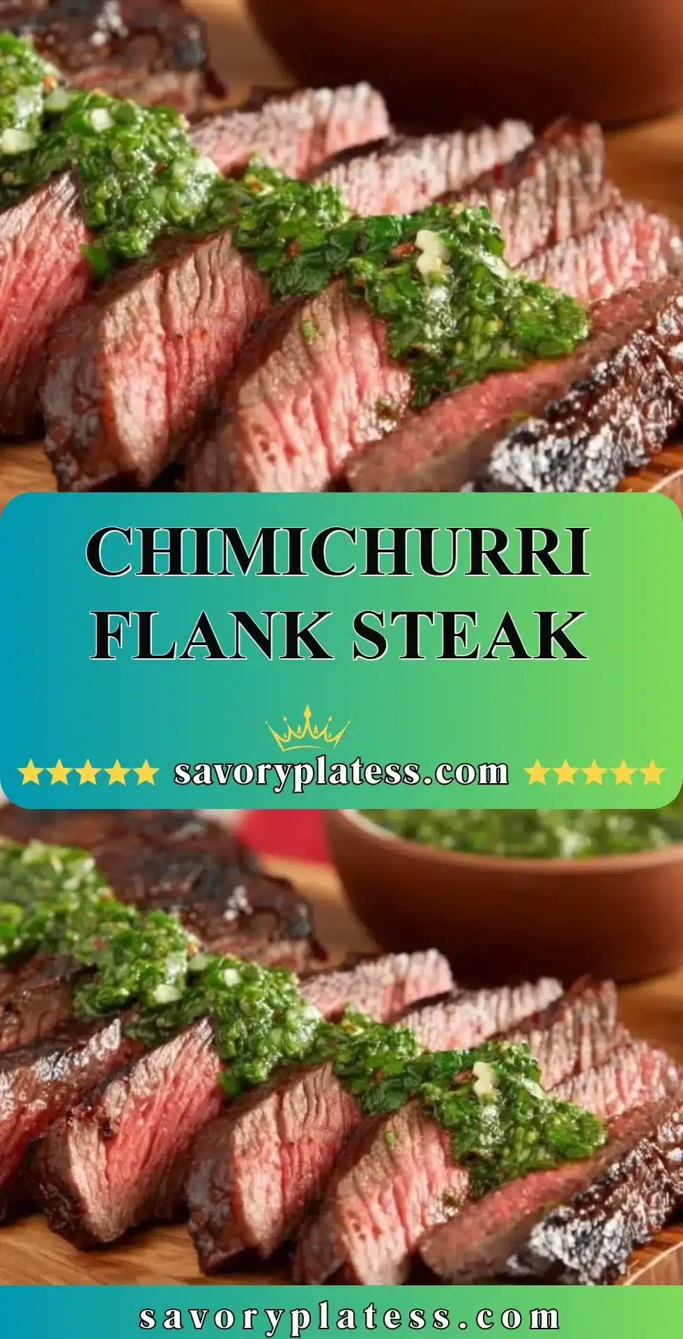 Grilled chimichurri flank steak served with fresh herbs and spices.