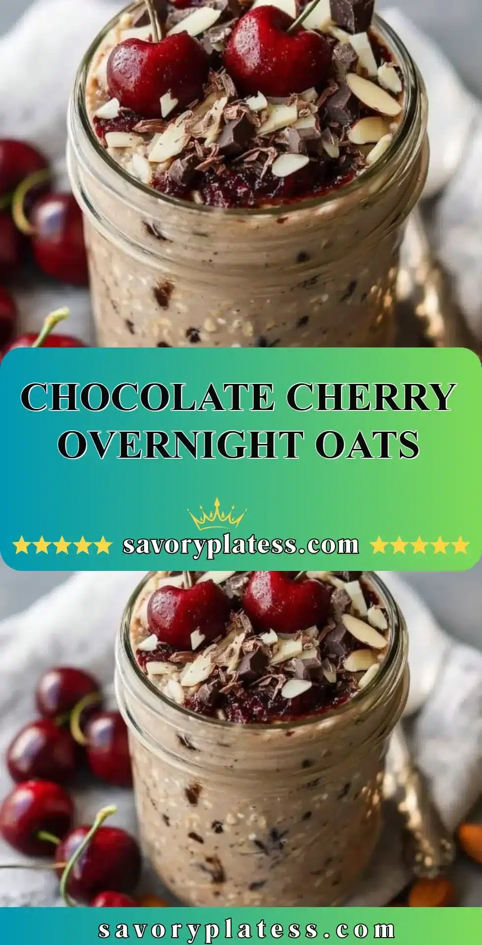 Chocolate Cherry Overnight Oats 2 Bowl of Chocolate Cherry Overnight Oats topped with fresh cherries and chocolate flakes