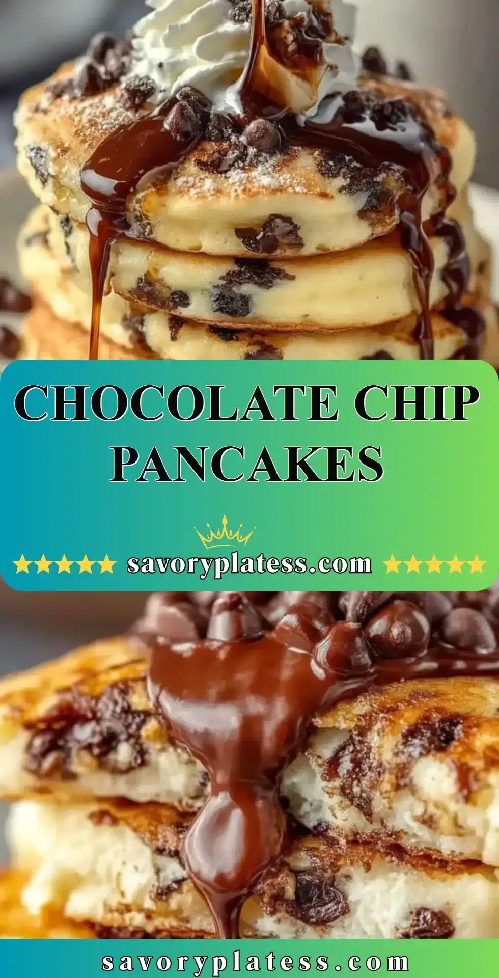 Chocolate Chip Pancakes 2 Delicious stack of chocolate chip pancakes topped with syrup and chocolate chips