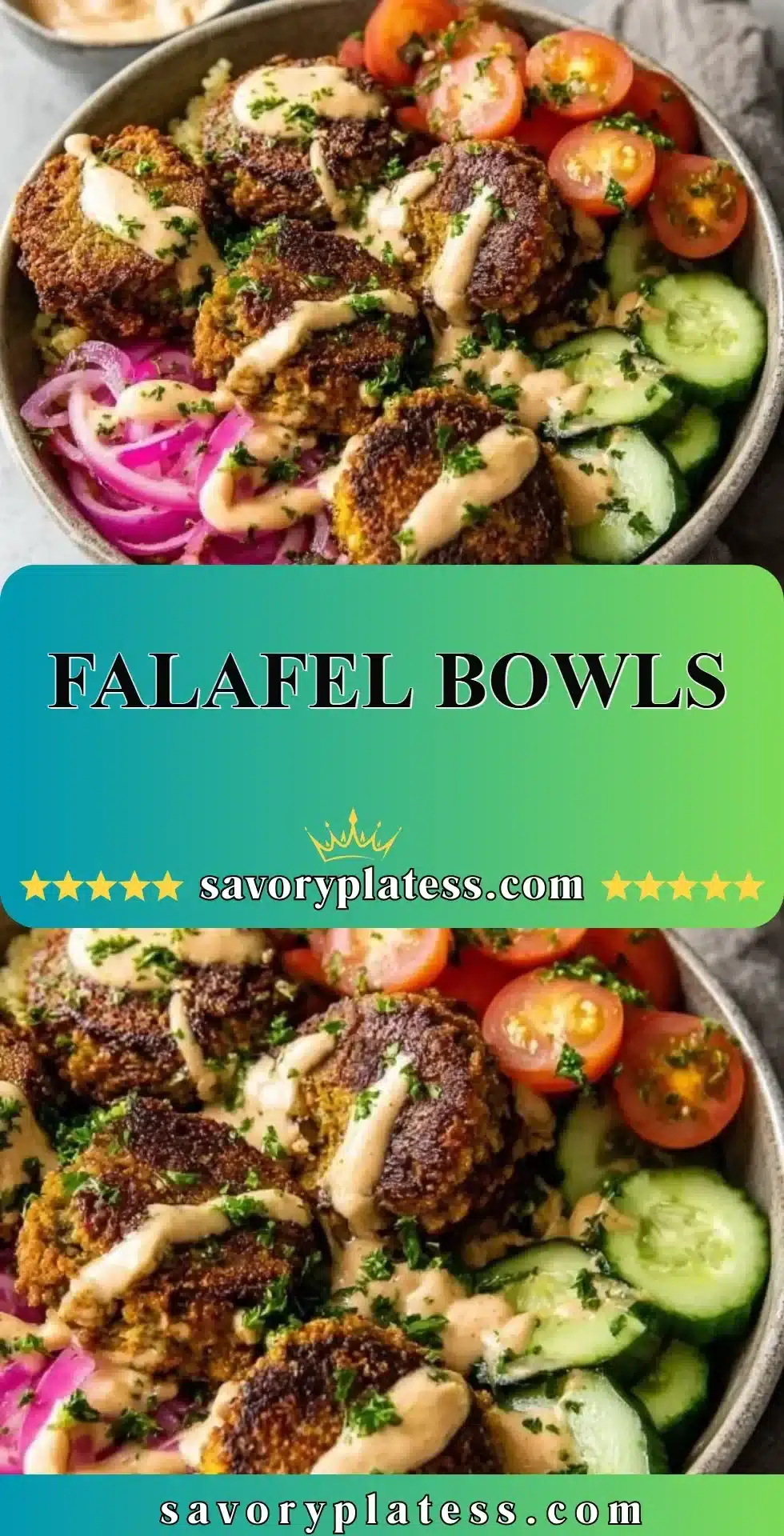Colorful falafel bowls with fresh vegetables and tahini sauce.