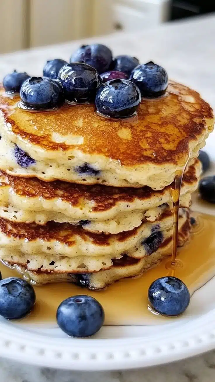 Fluffy blueberry pancakes topped with fresh blueberries and syrup