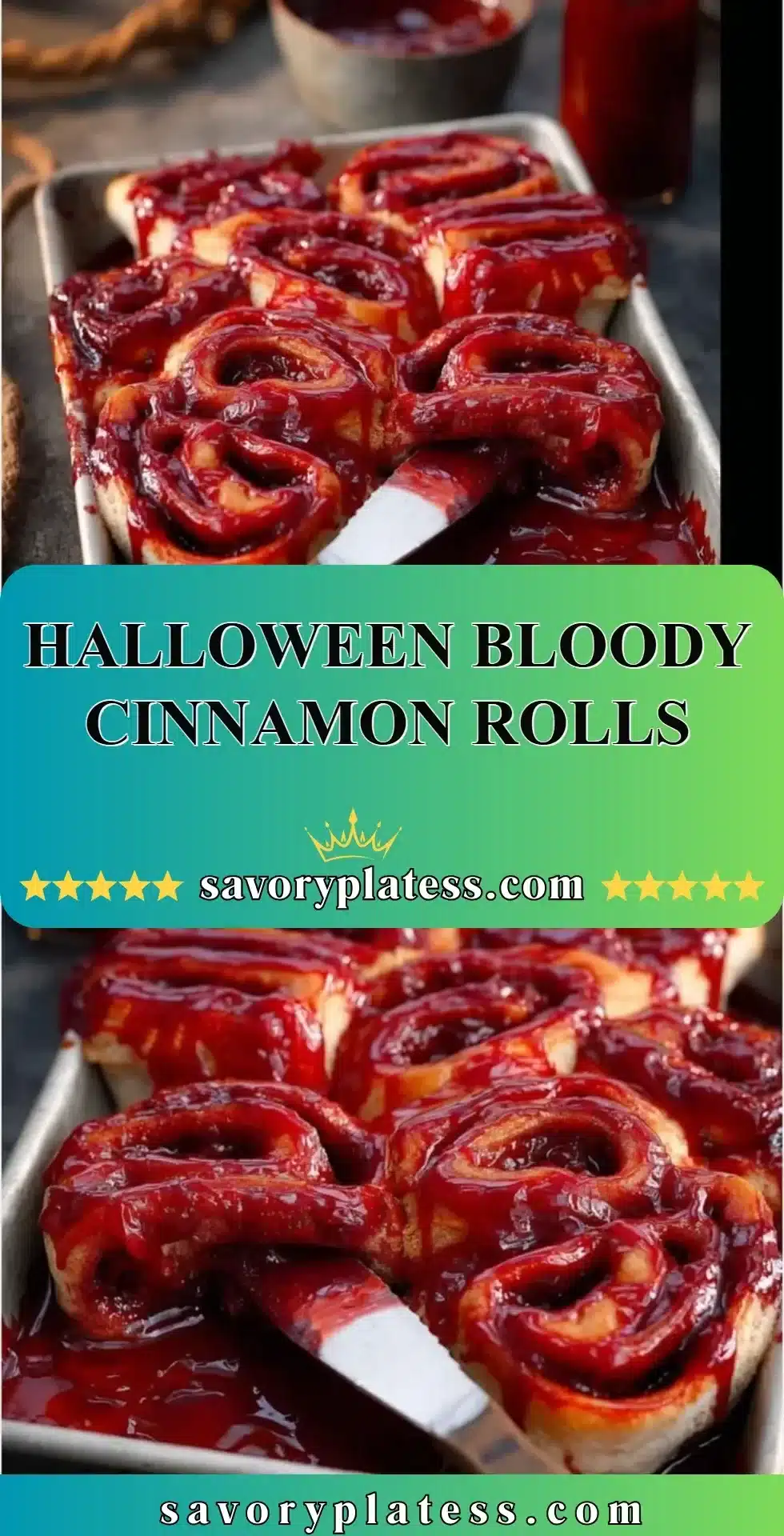 Halloween Bloody Cinnamon Rolls 2 Halloween bloody cinnamon rolls with red icing and spooky decorations