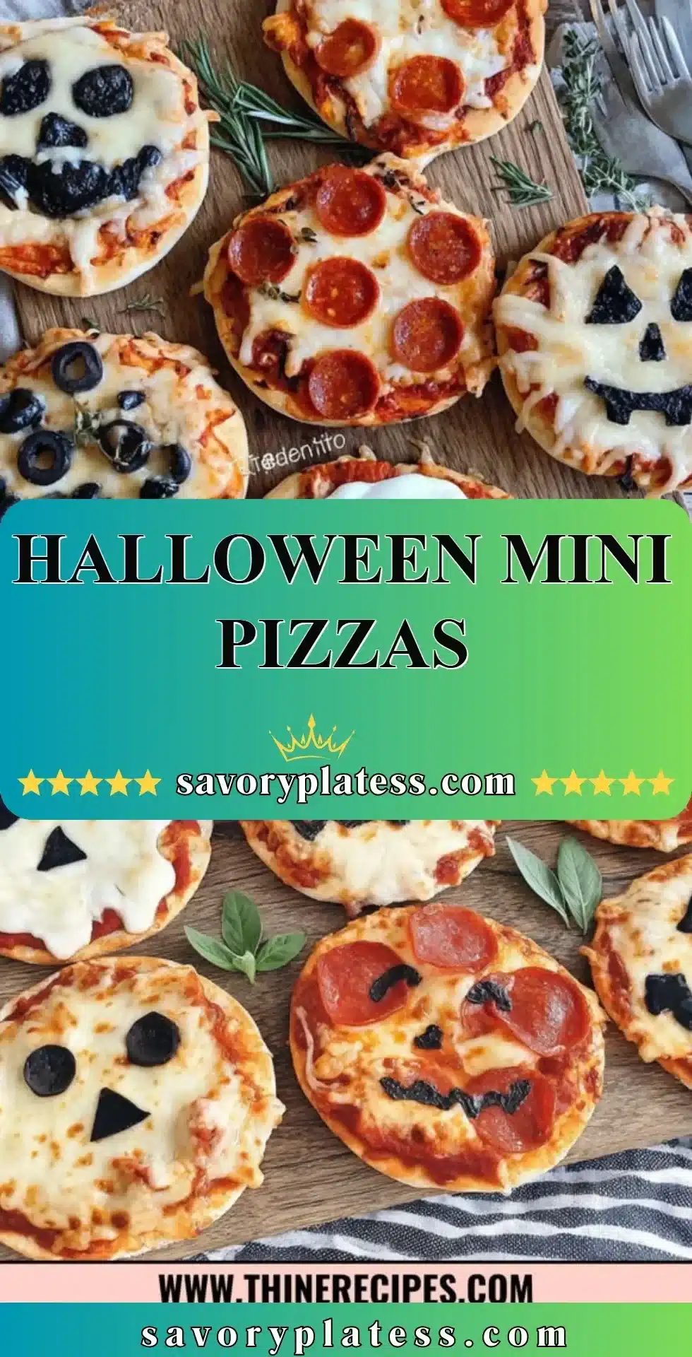 Halloween Mini Pizzas topped with spooky decorations for a fun party treat.