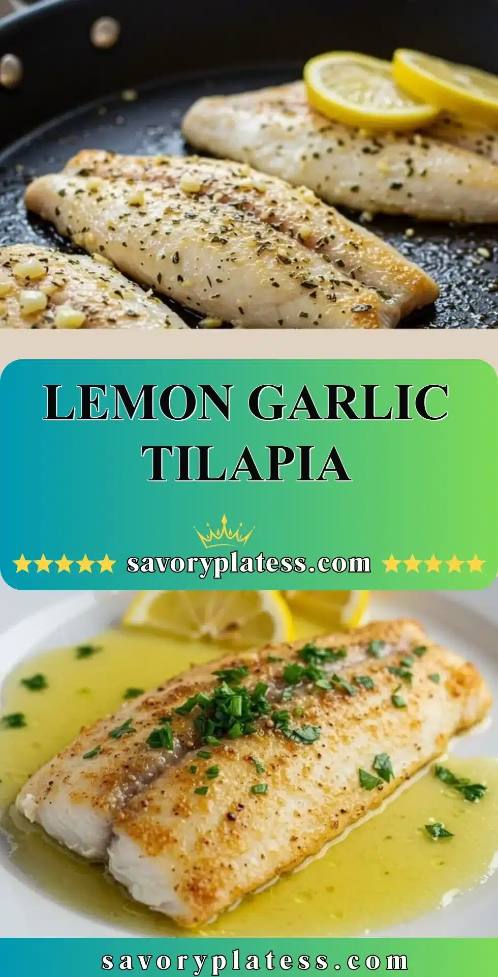 Plate of Lemon Garlic Tilapia garnished with lemon slices and herbs