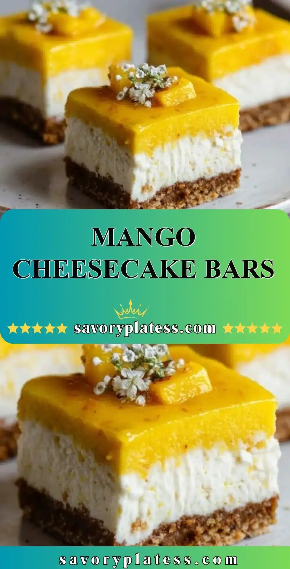 Mango Cheesecake Bars 2 Delicious mango cheesecake bars topped with fresh mango slices.