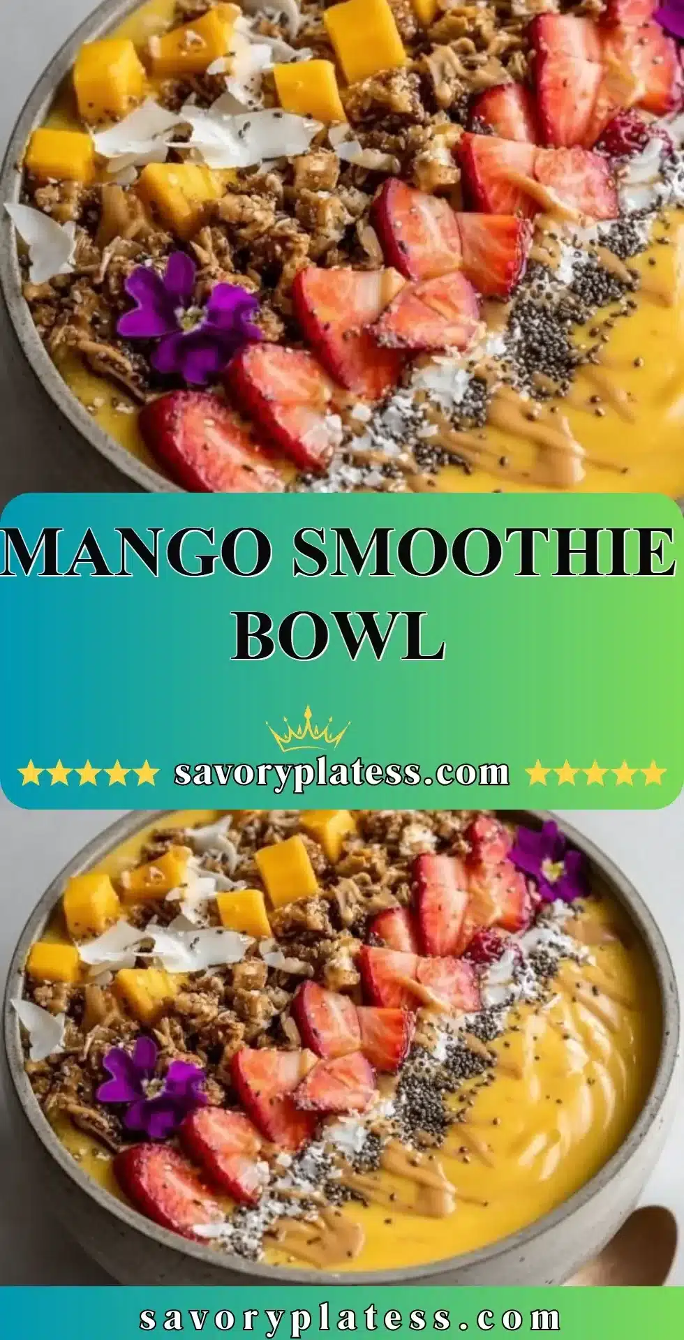 Delicious mango smoothie bowl topped with fruits and granola