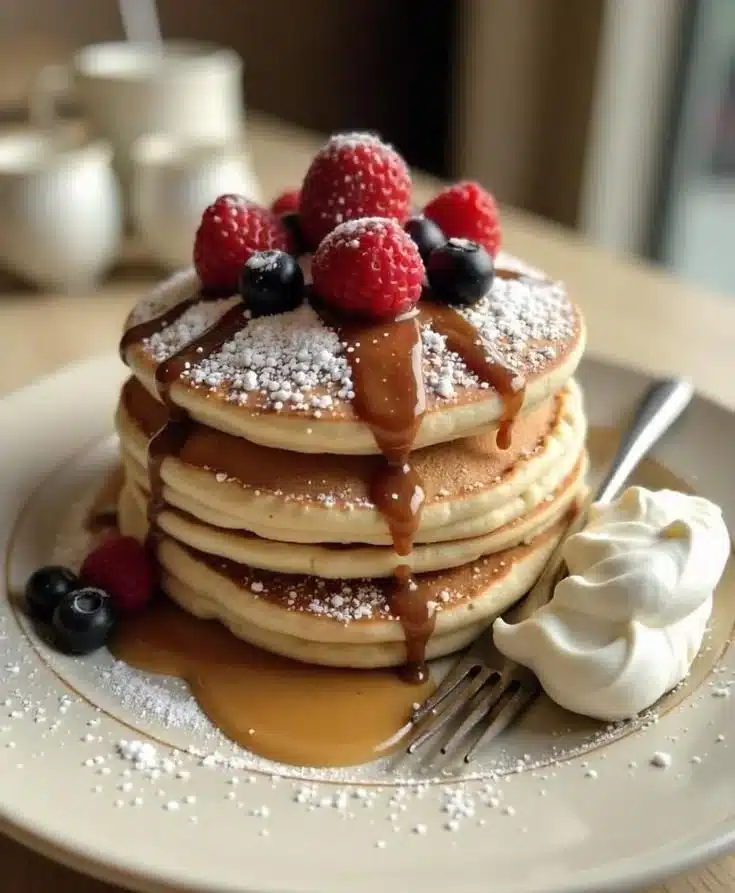 Stack of old-fashioned pancakes served with syrup and butter