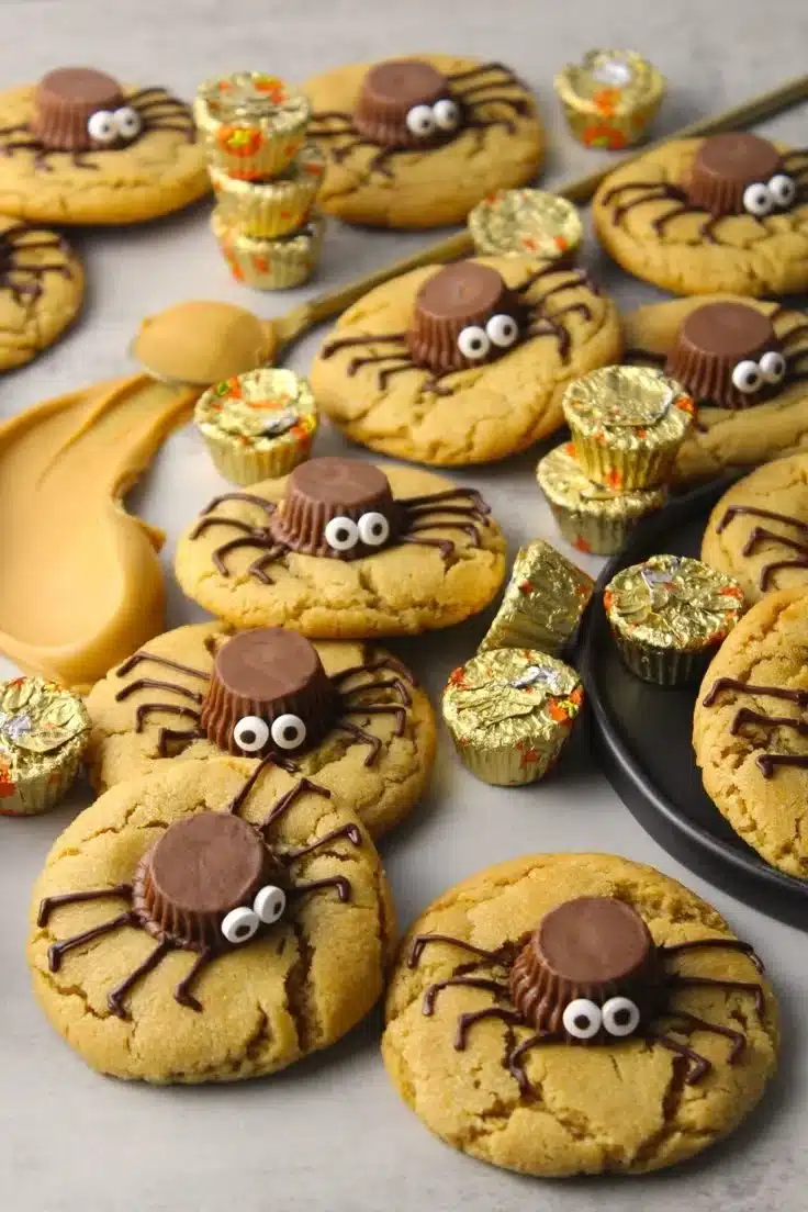 Peanut butter spider Halloween cookies decorated for a spooky festive treat.