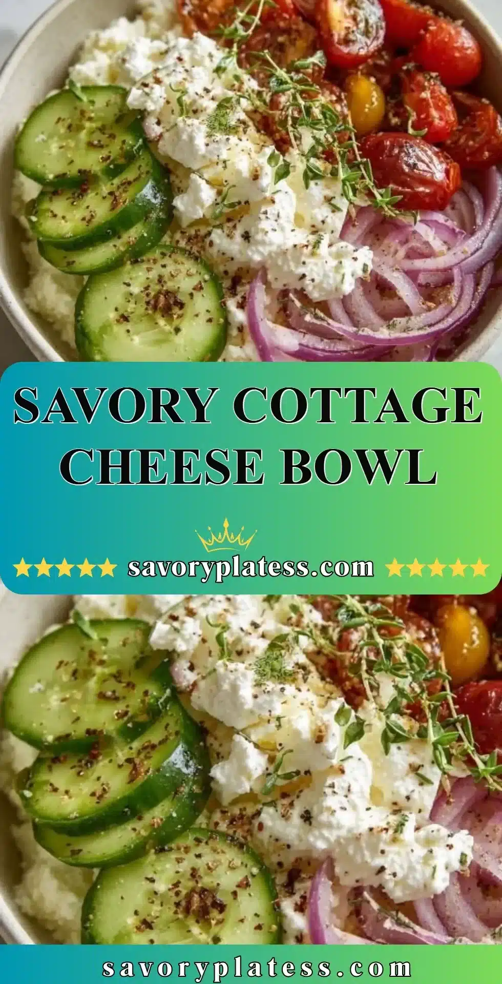 Savory Cottage Cheese Bowl 2 Savory Cottage Cheese Bowl topped with fresh vegetables and herbs.