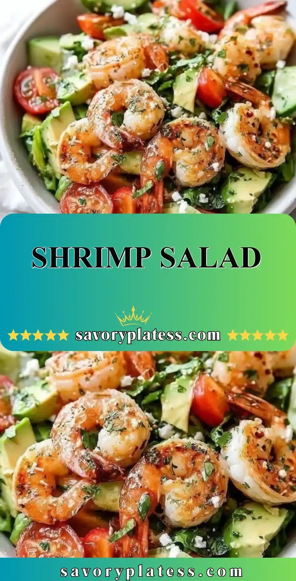 Colorful shrimp salad with mixed greens, cherry tomatoes, and vinaigrette dressing.