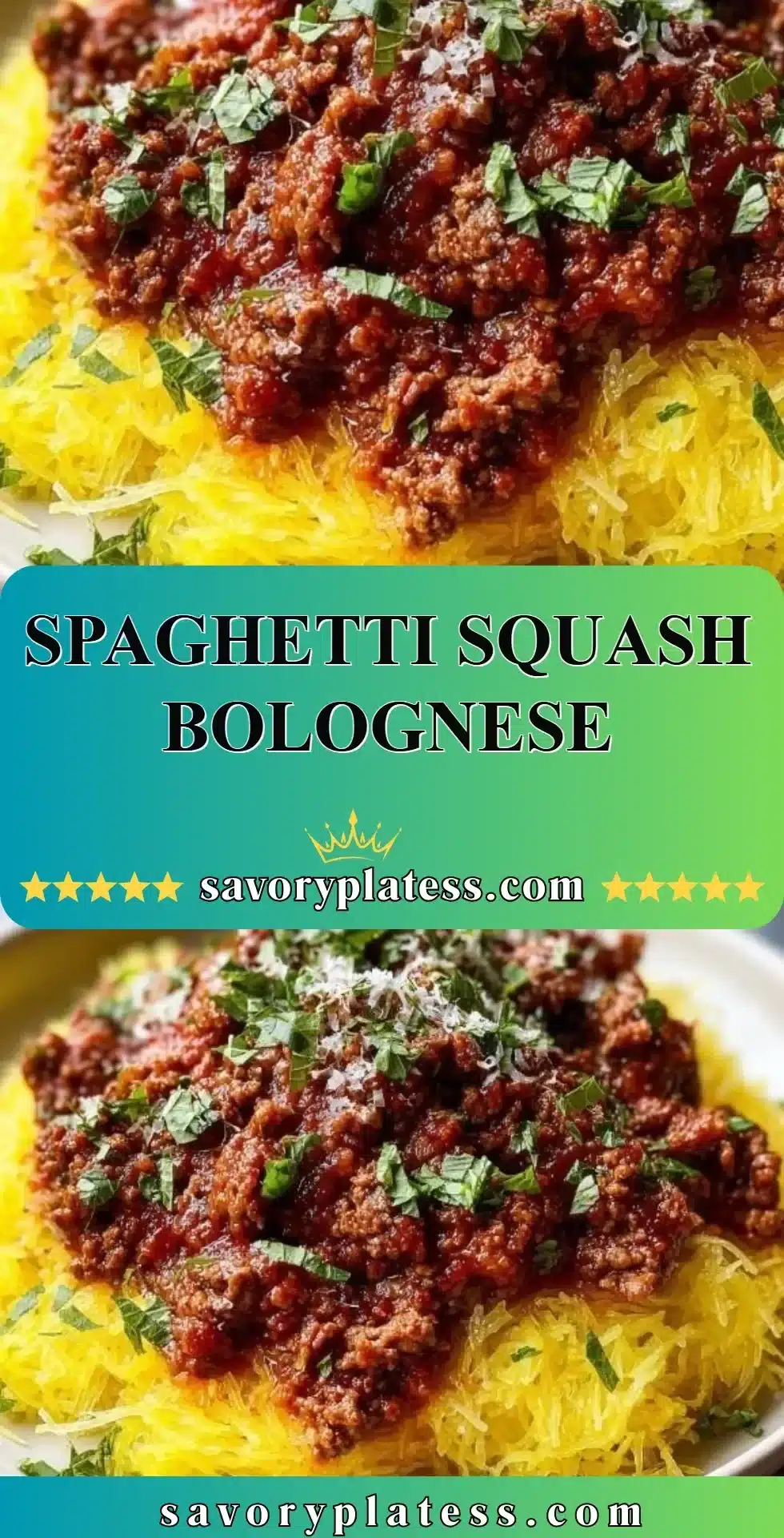 Spaghetti Squash Bolognese 2 A bowl of spaghetti squash bolognese topped with fresh herbs and parmesan.