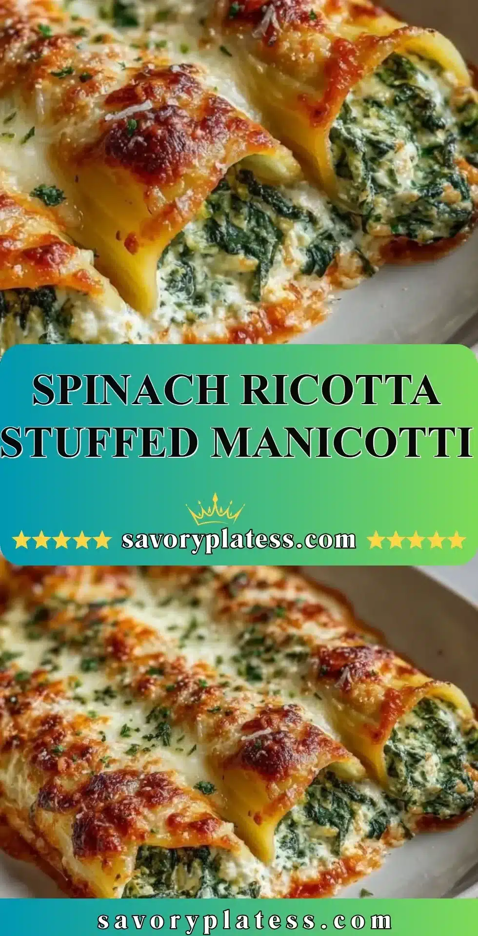 Spinach Ricotta Stuffed Manicotti 2 Delicious spinach ricotta stuffed manicotti baked until golden and bubbly.
