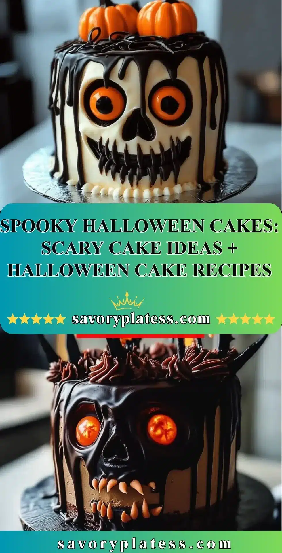 Spooky Halloween Cakes: Scary Cake Ideas + Halloween Cake Recipes 2 Assorted spooky Halloween cakes with creative designs and decorations
