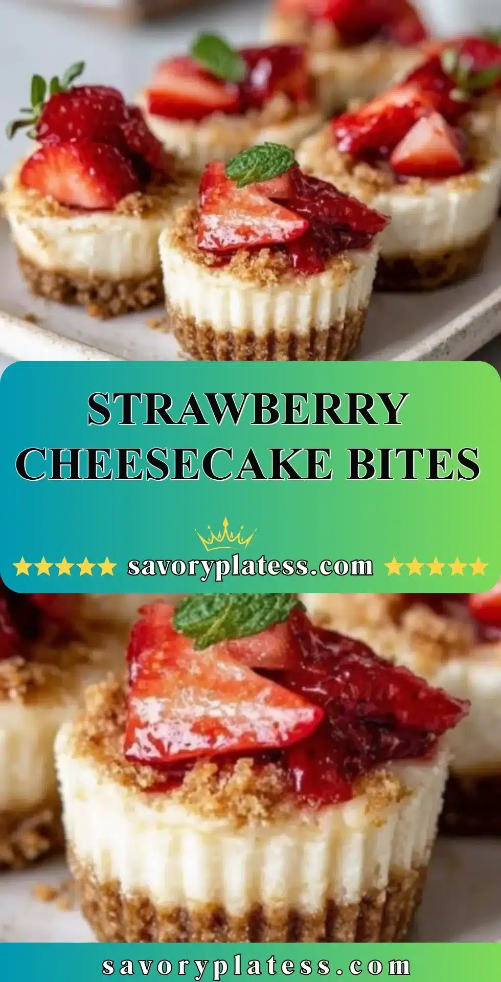 Delicious strawberry cheesecake bites topped with fresh strawberries