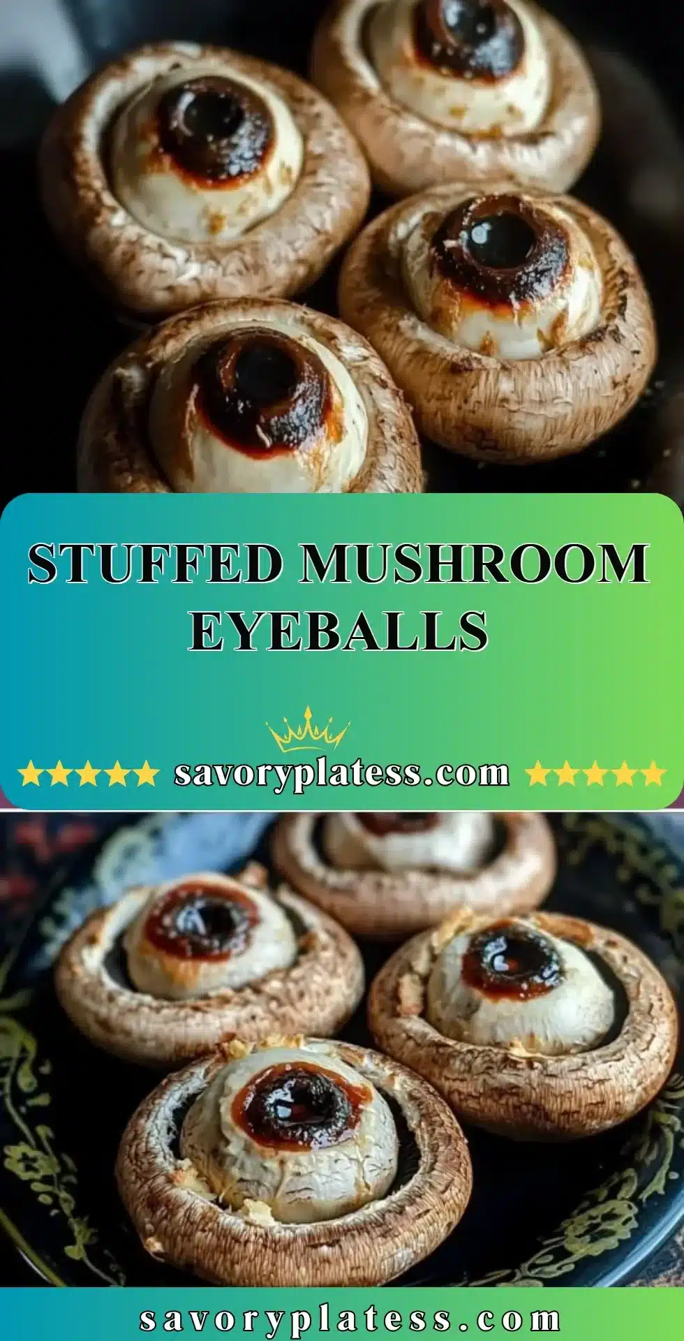 Spooky stuffed mushroom eyeballs ready for Halloween celebration.