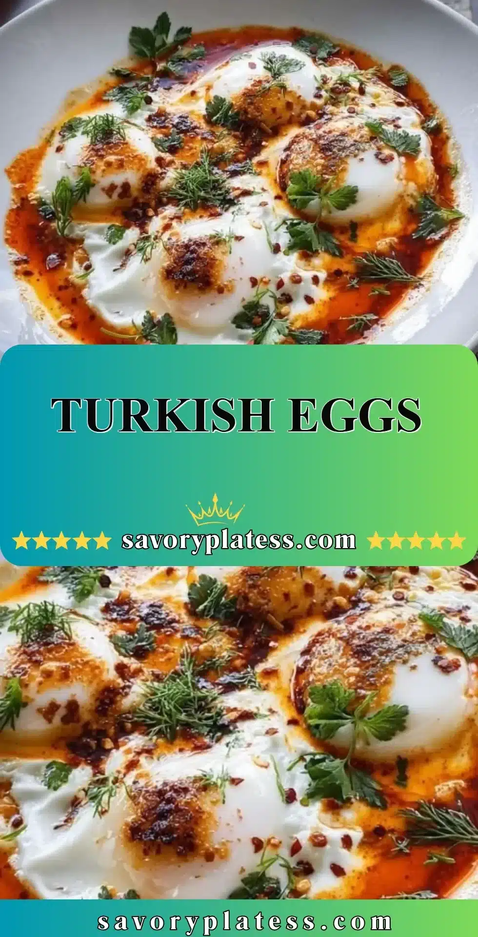 Turkish eggs with poached eggs on yogurt topped with spicy oil