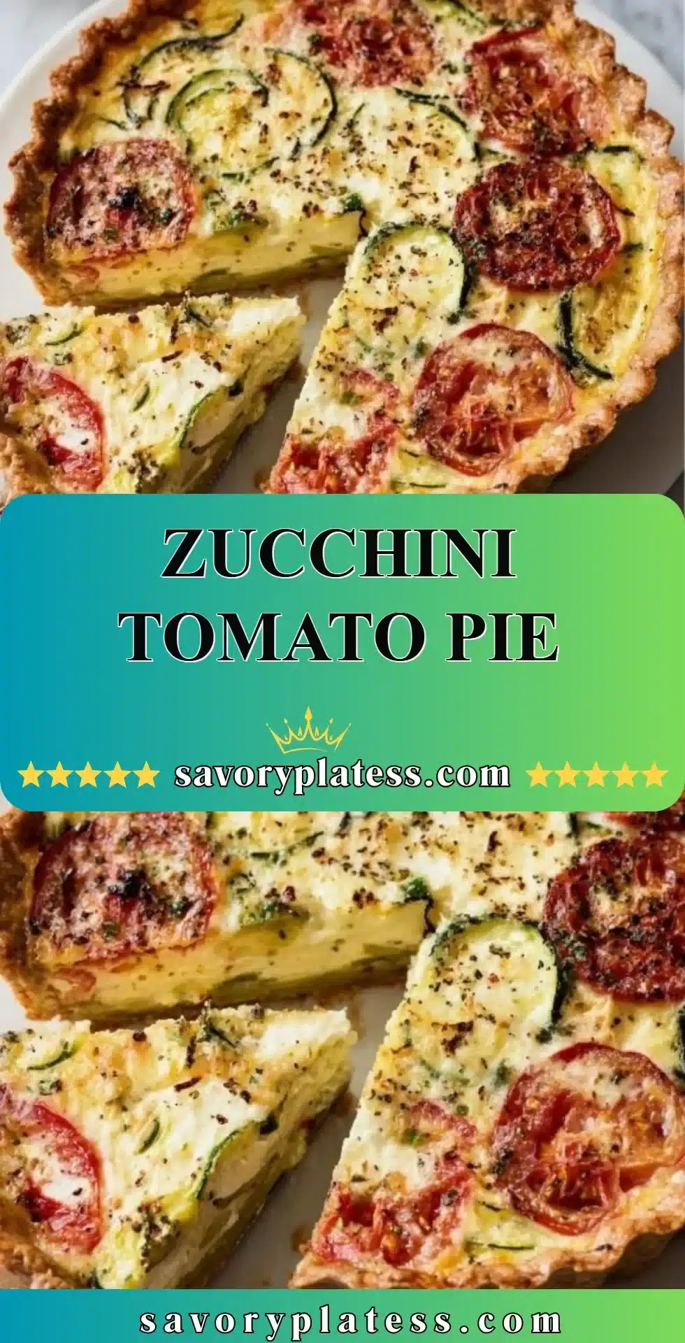 A delectable slice of zucchini tomato pie featuring fresh vegetables and golden crust.