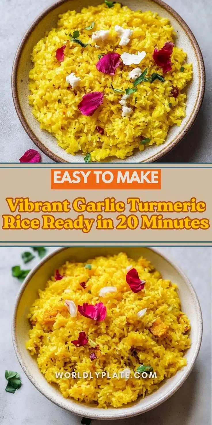 Delicious garlic turmeric rice served in a bowl, garnished with herbs.