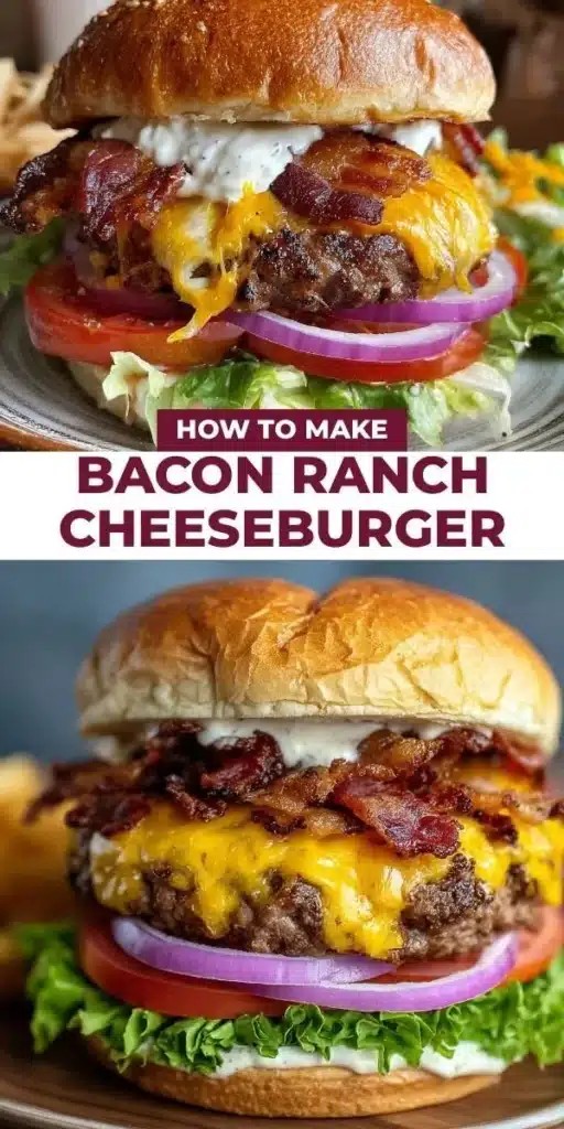 Delicious Bacon Ranch Cheeseburger topped with crispy bacon and creamy ranch sauce