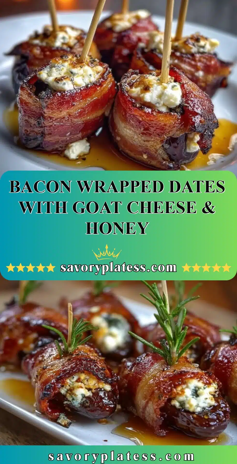 Delicious bacon wrapped dates filled with goat cheese and drizzled with honey.