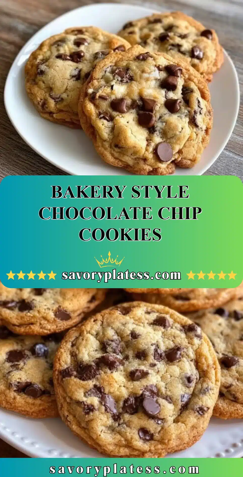 Bakery style chocolate chip cookies with gooey chocolate chips and a golden-brown crust