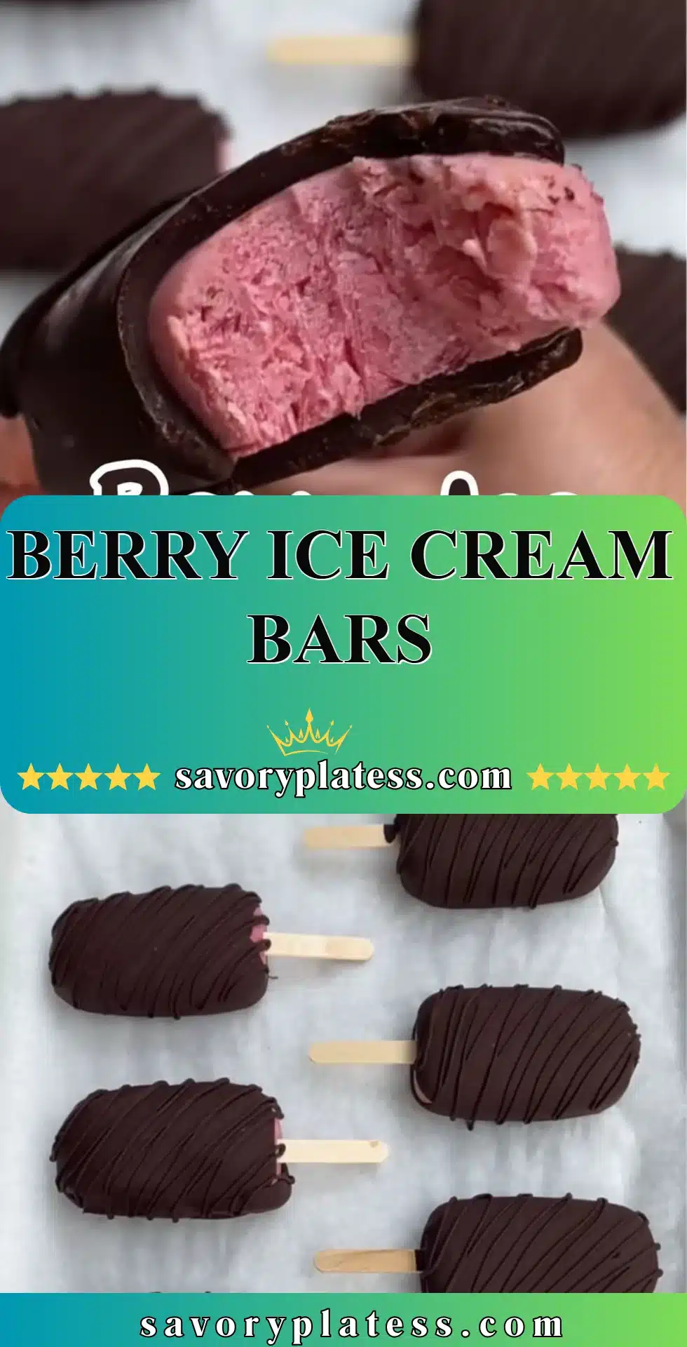 Delicious berry ice cream bars topped with fresh berries and served on a stick.