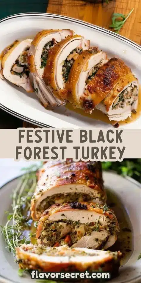 Black Forest Stuffed Turkey Roulade 2 Delicious Black Forest stuffed turkey roulade plated with garnishes