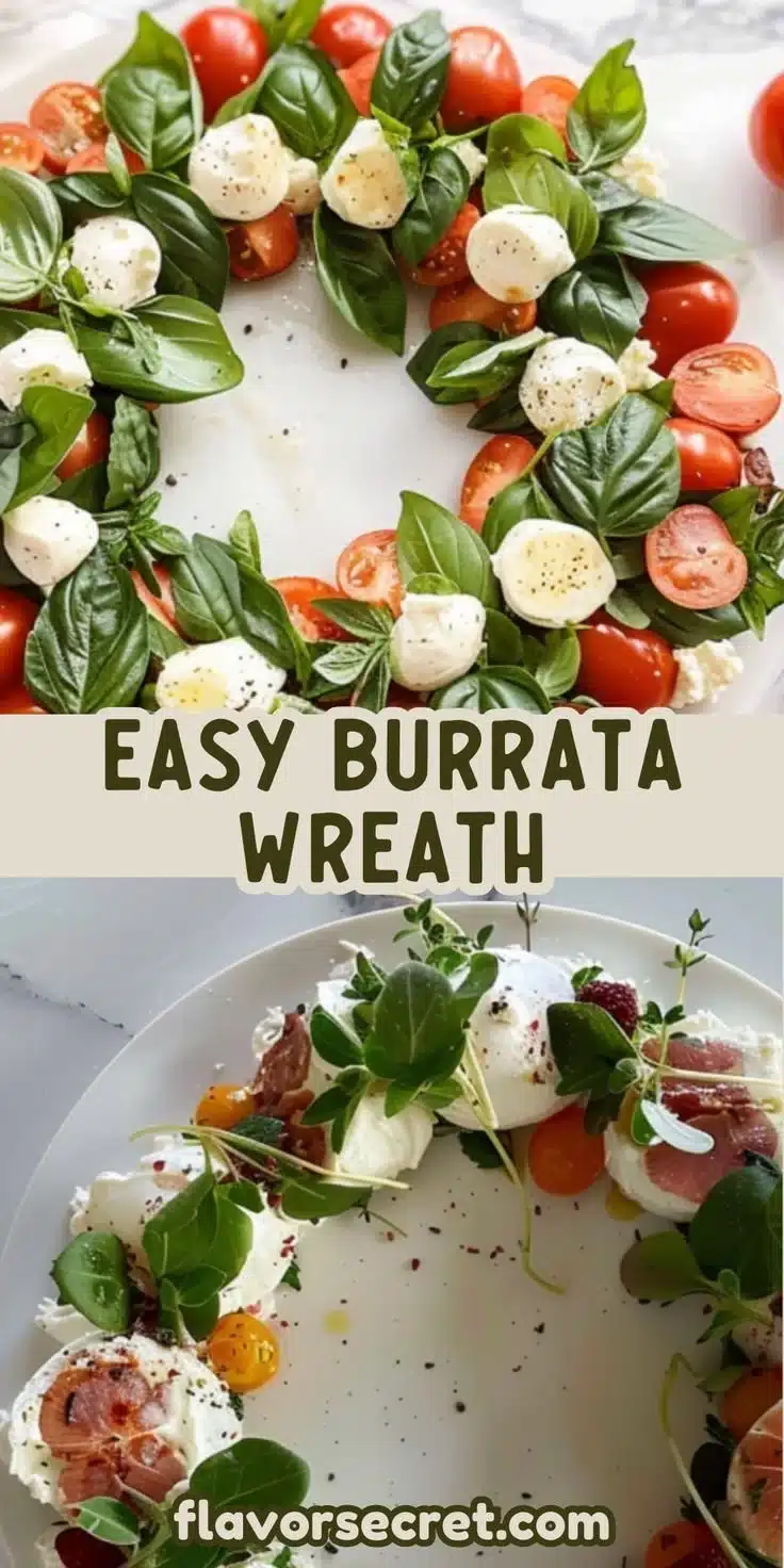 Burrata Wreath adorned with fresh vegetables and herbs on a wooden platter.