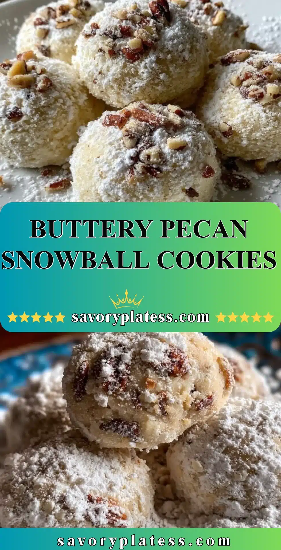 Buttery pecan snowball cookies dusted with powdered sugar on a plate