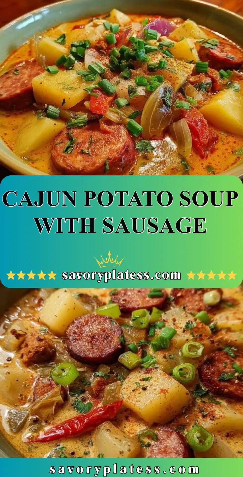 Bowl of Cajun Potato Soup with Sausage garnished with herbs.