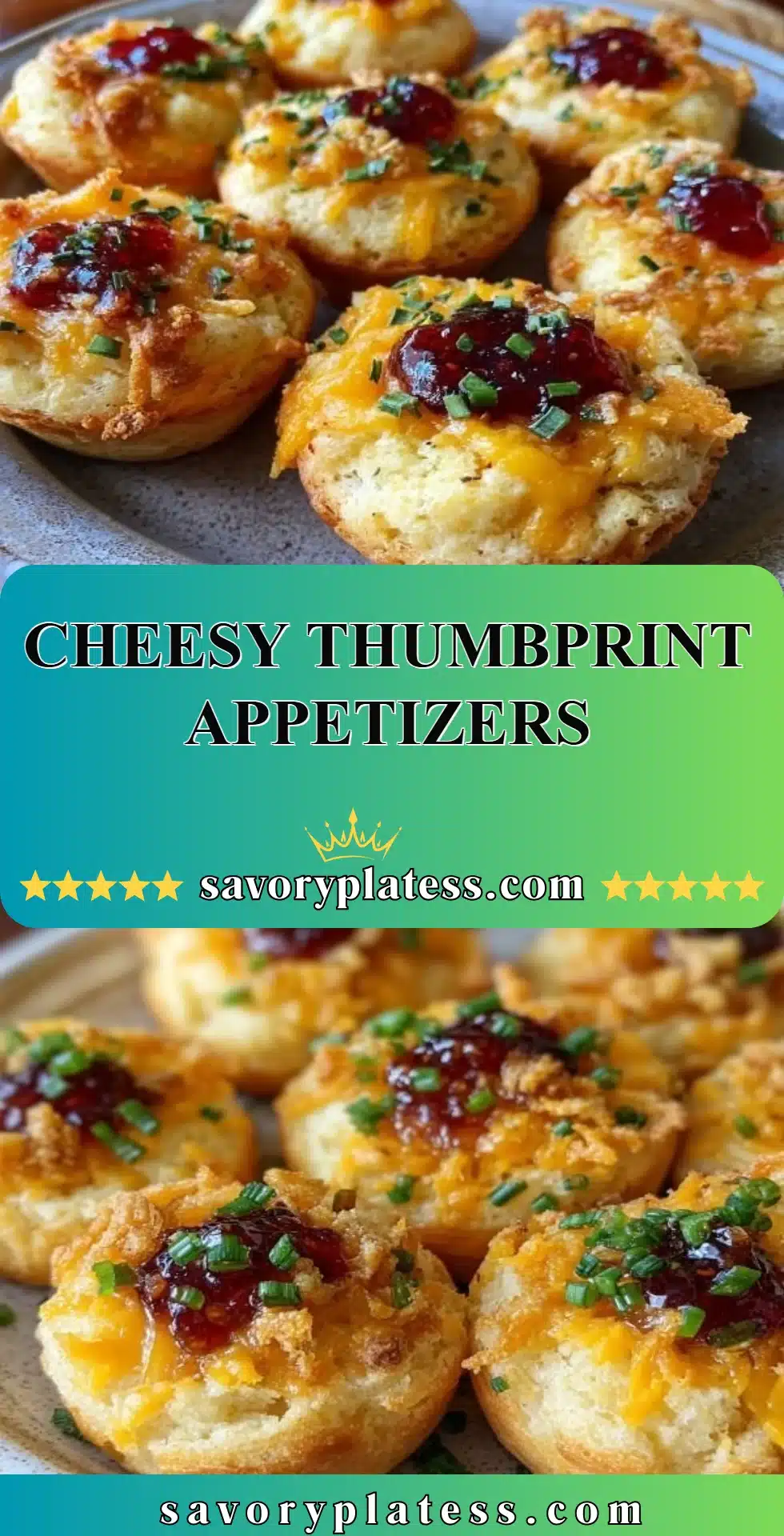 Cheesy thumbprint appetizers topped with herbs and served on a platter