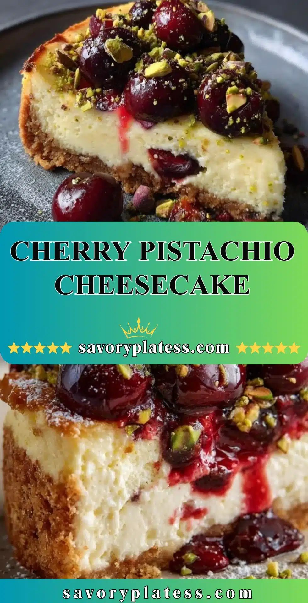 Slice of Cherry Pistachio Cheesecake topped with cherries and pistachios
