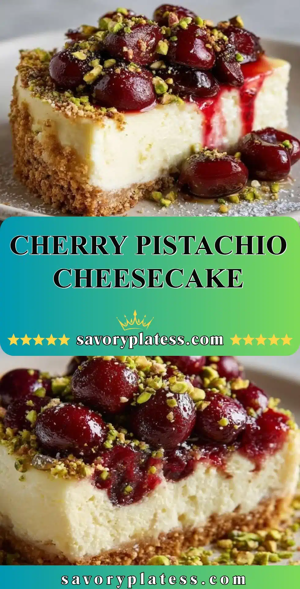 Cherry Pistachio Cheesecake 2 Delicious slice of Cherry Pistachio Cheesecake topped with fresh cherries and pistachios