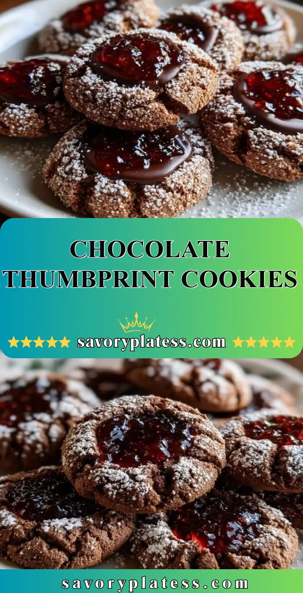 Delicious Chocolate Thumbprint Cookies with chocolate filling on a rustic plate.