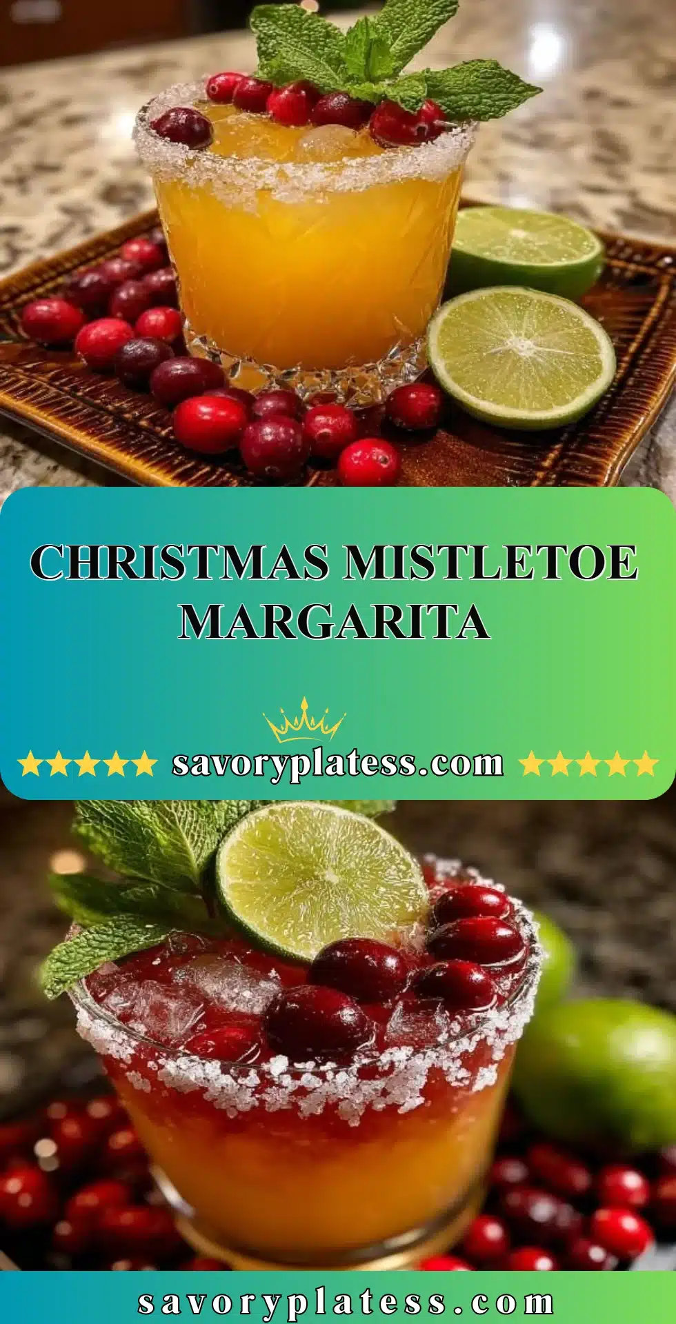 A refreshing Christmas mistletoe margarita garnished with fresh berries and lime.