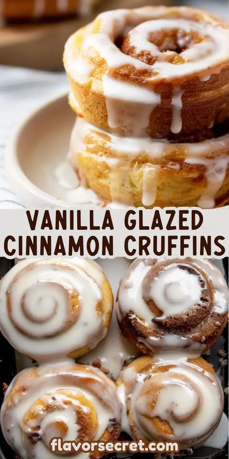 Cinnamon Sugar Cruffins with Vanilla Glaze 2 Cinnamon Sugar Cruffins drizzled with vanilla glaze on a decorative plate