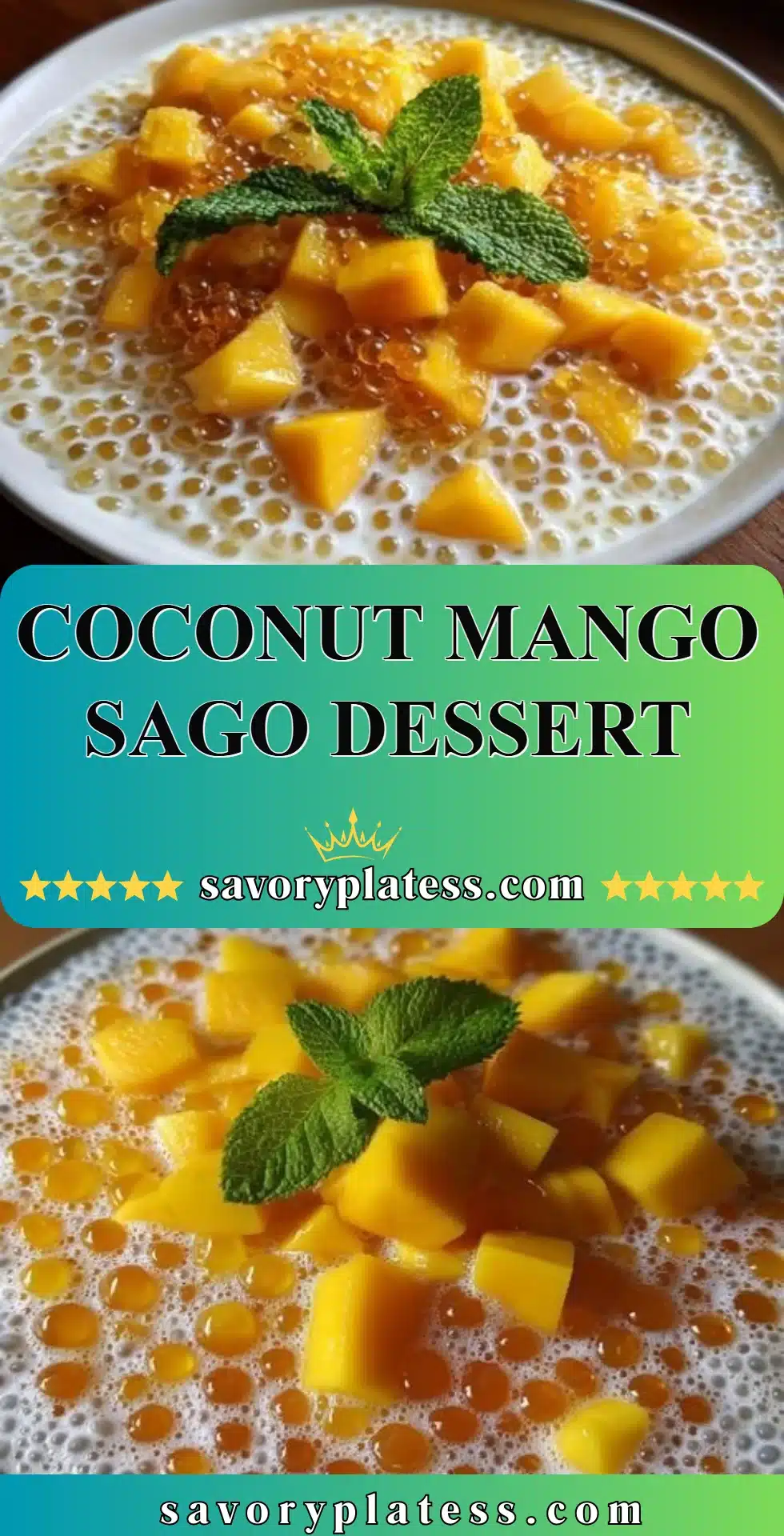 Creamy Coconut Mango Sago dessert topped with fresh mango slices