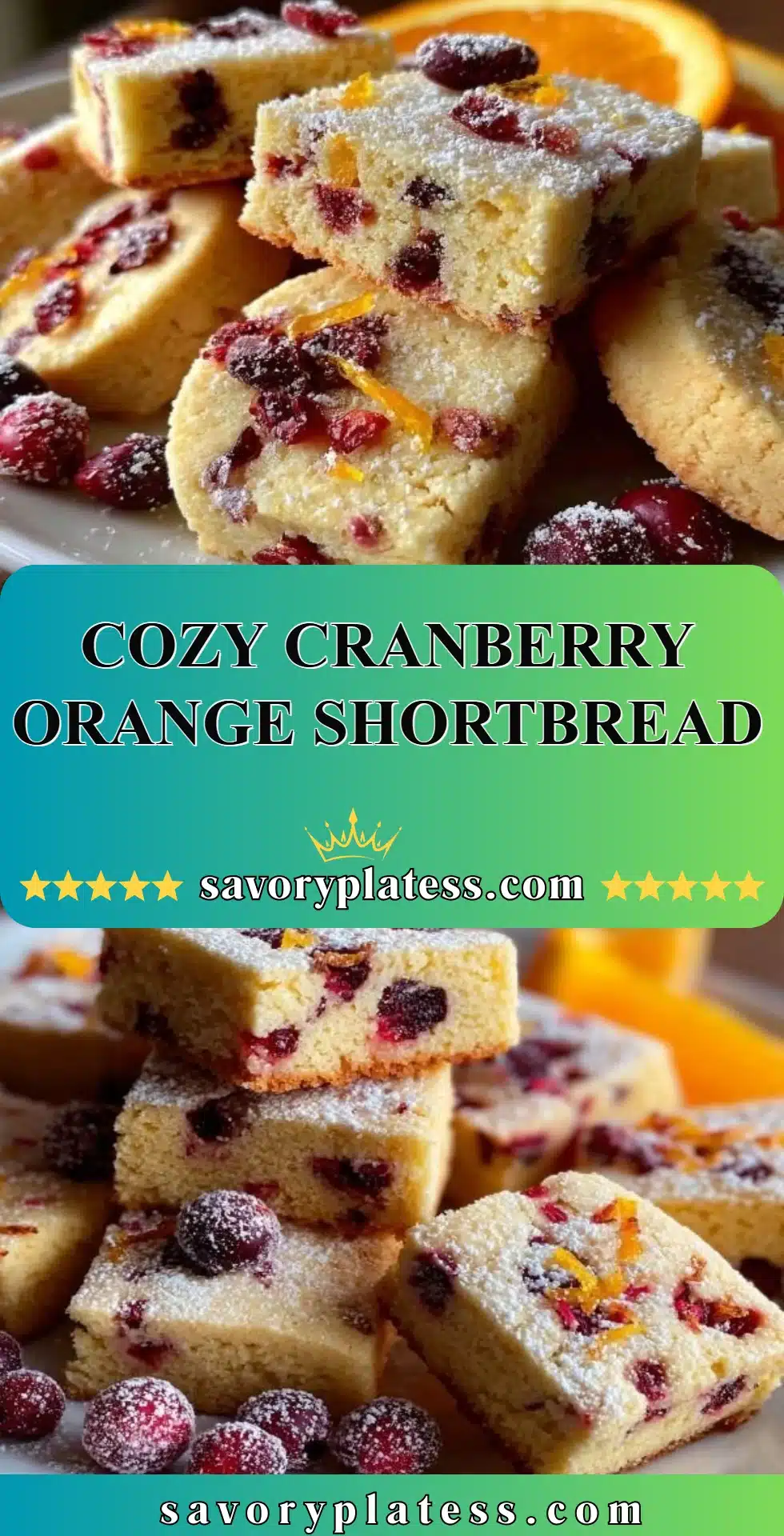 Cozy Cranberry Orange Shortbread 2 Homemade cranberry orange shortbread cookies on a festive plate