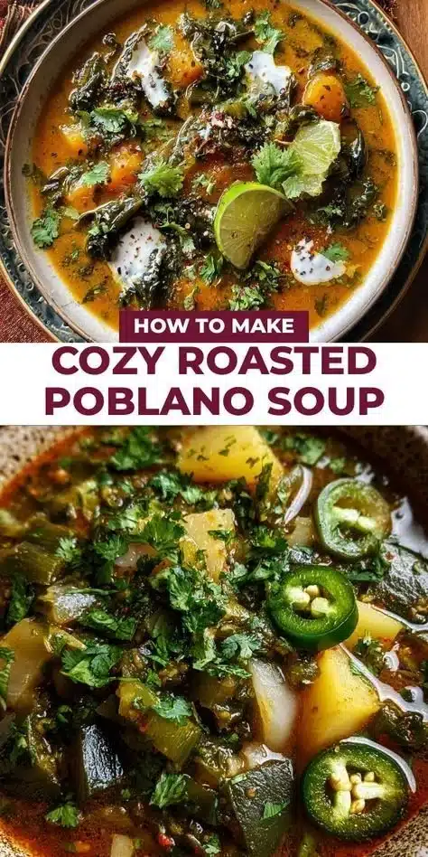 A bowl of cozy roasted poblano soup garnished with fresh herbs.