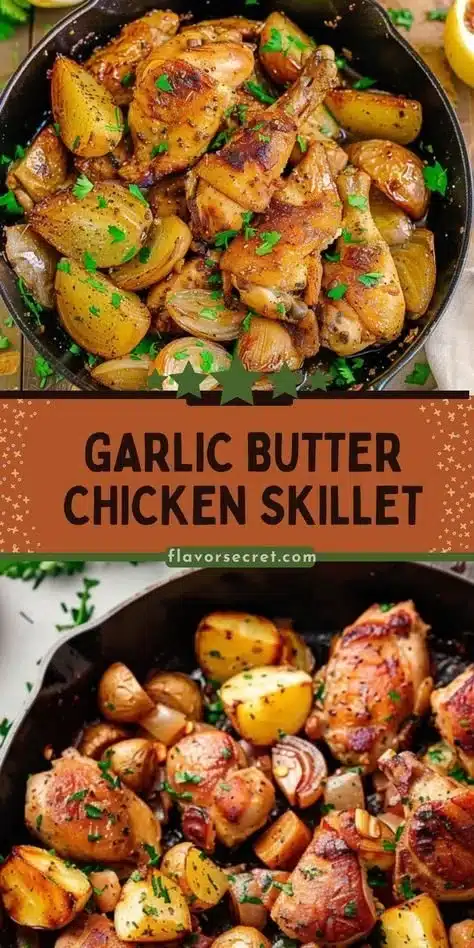 Cozy Winter Garlic Butter Chicken Skillet 2 Cozy winter garlic butter chicken skillet garnished with herbs.