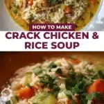 Bowl of Crack Chicken and Rice Soup topped with herbs and spices