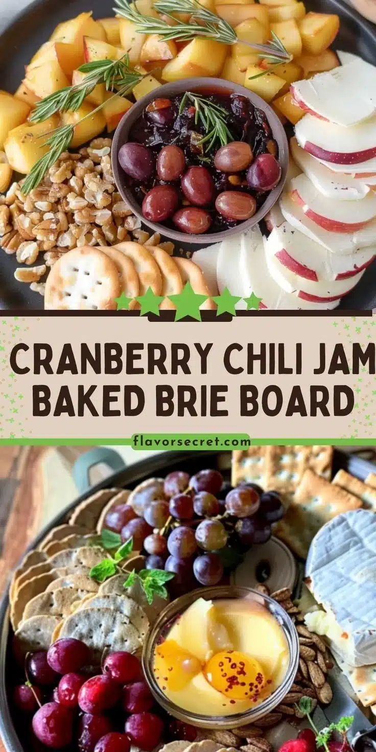 Cranberry Chili Jam Baked Brie Board with toasted baguette and fresh herbs