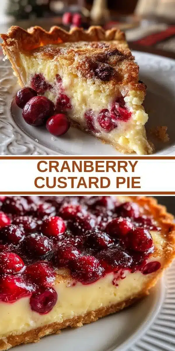 Delicious Cranberry Custard Pie topped with fresh cranberries on a wooden table