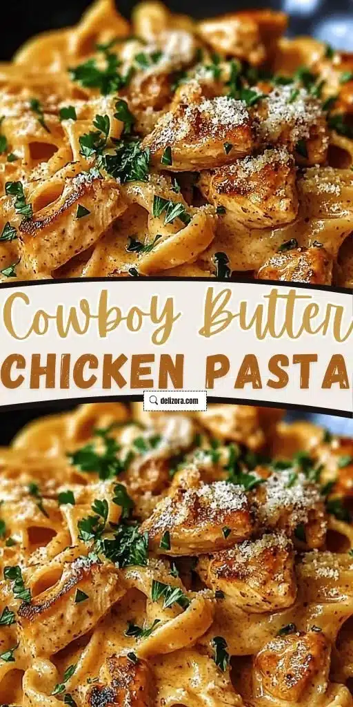 Creamy cowboy butter chicken pasta dish garnished with herbs